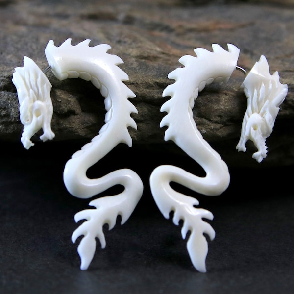 Dragon Fake Gauge Earrings Tribal Style Plug Hand Carved Bone