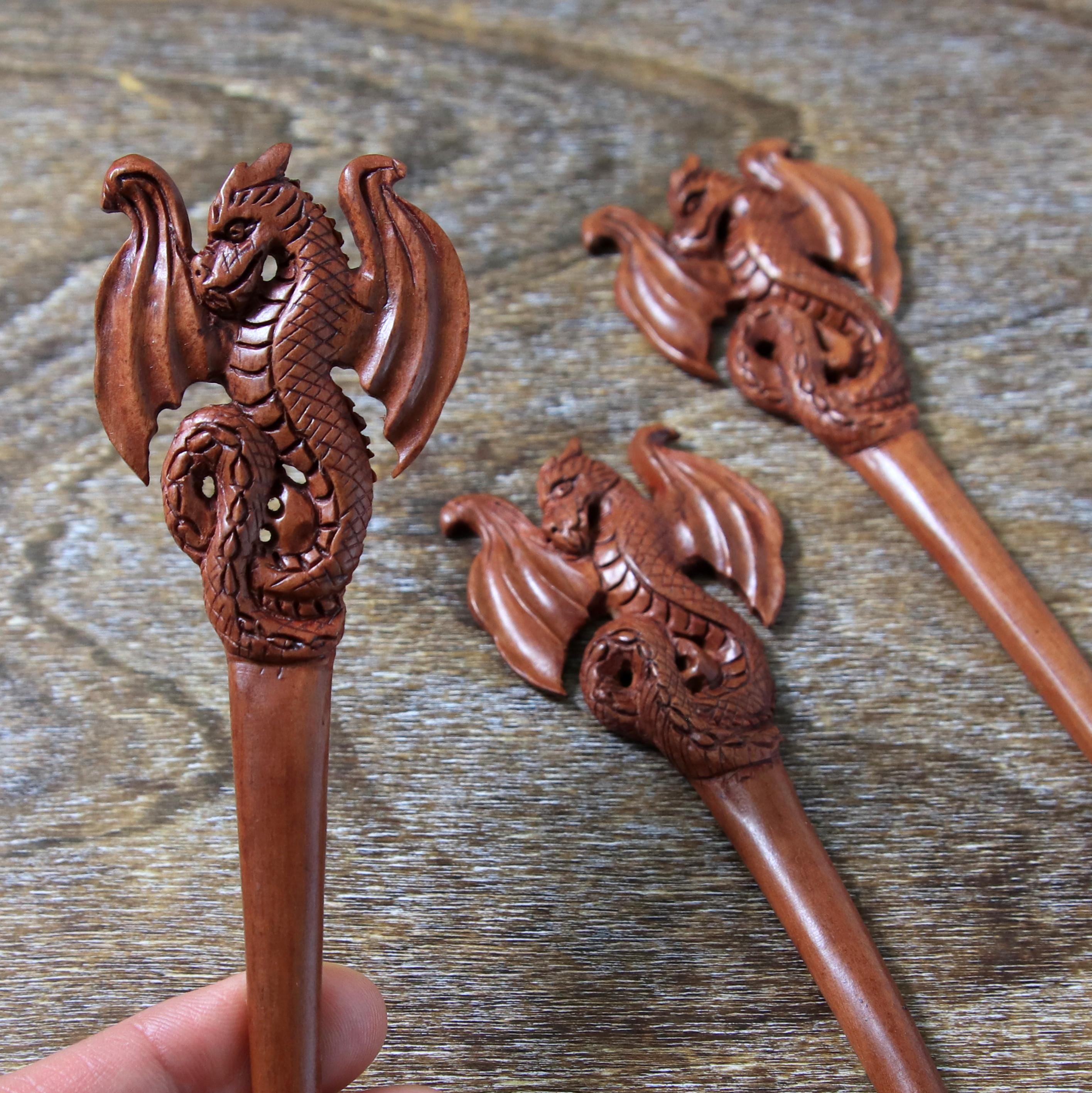 Hand Carved Exotic Wood Hair Stick Dragon Carving, Mythical  display picture 2