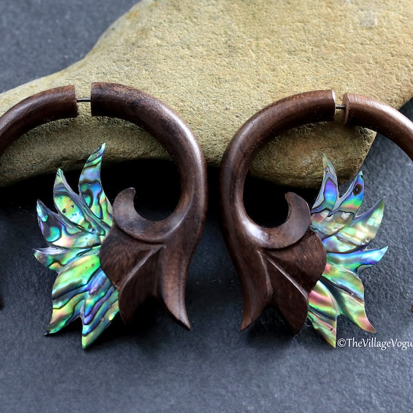 Faux Gauge Hand Carved Abalone Shell Exotic Wood Earrings, Lotus Flower