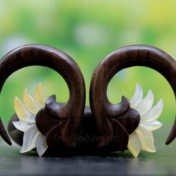 Mother of Pearl Wood Hand Carved Gauge Flower Earrings 0G 8mm