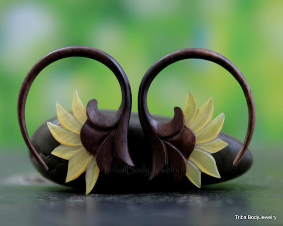 Mother of Pearl Wood Hand Carved Gauge Flower Earrings 8G