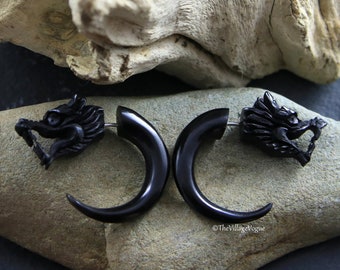 Hand Carved Bull Horn Chinese Dragon Fake Gauge Earrings