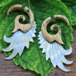 Angel Wings Fake Gauge Mother of Pearl and Tamarind Wood Earrings