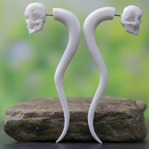 Skull Carvings Hand Carved Faux Gauge Bone Earrings