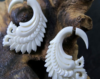 Fake Gauge Earrings Hand Carved Bone Traditional Designs Organic Jewelry for Regular Pierced Ear