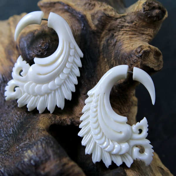 Fake Gauge Earrings Hand Carved Bone Traditional Designs Organic Jewelry for Regular Pierced Ear