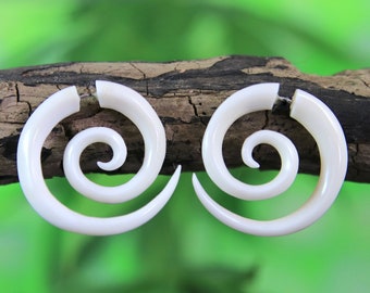 Fake Gauge Earrings Spiral Carved Bone Faux Plug