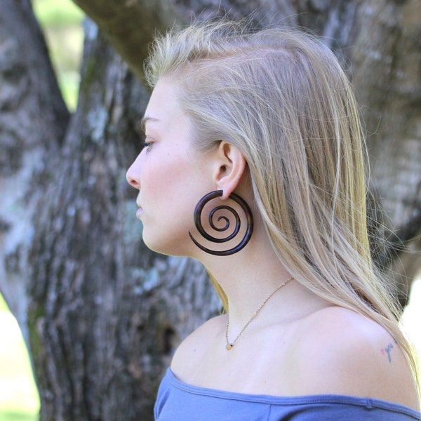 Spiral Organic Wood Fake Gauge Earrings, Hand Carved Jewelry