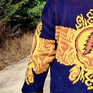 May include: Navy blue hooded sweater with a large yellow and brown design on the back and sleeves. The sweater has a repeating pattern on the sleeves and bottom hem. The person is walking on a dirt path.