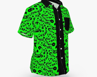 Black & Green Crimson Ghost "Pile of Skulls" Pattern w/Trim Hawaiian Style Button Down Tee