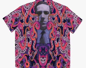 Lovecraft Caught by Cthulhu Tentacles Pattern Hawaiian Style Button-Down Tee