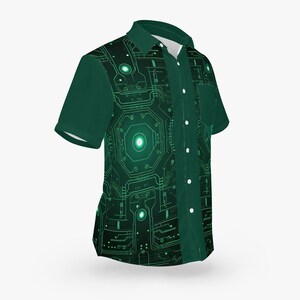 May include: A short-sleeved button-down shirt with a unique design. The shirt features a dark green color-blocked design with a circuit board pattern in shades of green. The shirt has a collar, a pocket, and white buttons.