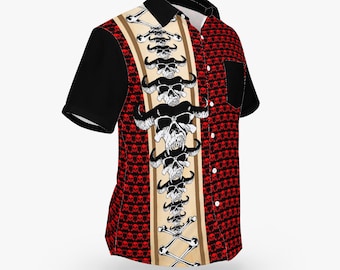 70's Style Red Bowling Shirt with Danzig Skull Pattern Hawaiian Style Button Down Tee