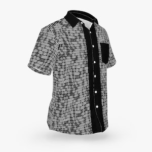 May include: A black short-sleeved button-down shirt with a white binary code pattern. The shirt has a black pocket on the left side.