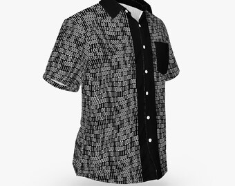 The Matrix Style Binary Code Bowling Shirt Black w White Text - Hawaiian Button Down Tee