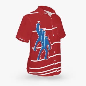 May include: A red and white striped short-sleeved button-down shirt with a blue silhouette of two figures holding arrows.