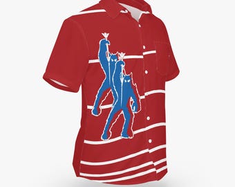 Space Invaders Red Bowling Shirt with Demons Hawaiian Style Button-Down Tee