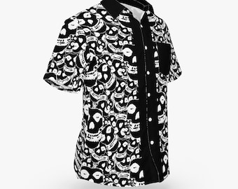 Black & White Crimson Ghost "Pile of Skulls" Inverse Pattern w/Trim Hawaiian Style Button Down Tee