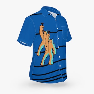 May include: A blue short-sleeved button-down shirt with black stripes and a graphic print of two orange and blue cartoon figures holding up a stick.