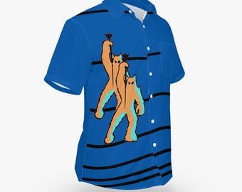 Space Invaders Blue Bowling Shirt with Demons Hawaiian Style Button-Down Tee