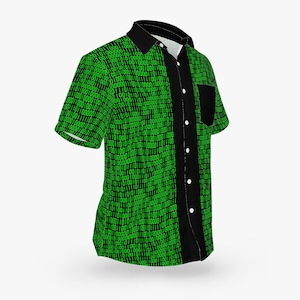 May include: A black and green short-sleeved button-down shirt with a binary code pattern. The shirt has a black pocket on the left side.