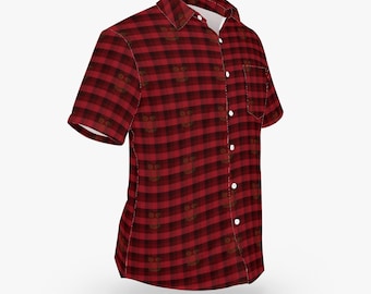 Crimson Ghost Red Flannel Pattern Hawaiian Style Button Down Tee