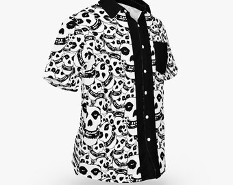 Black & White Crimson Ghost "Pile of Skulls" Pattern w/Trim Hawaiian Style Button Down Tee