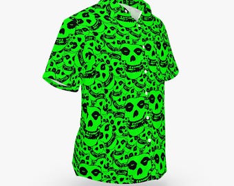 Black & Green Crimson Ghost "Pile of Skulls" Pattern Hawaiian Style Button Down Tee