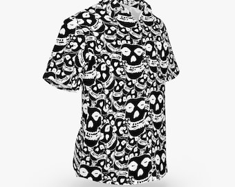 Black & White Crimson Ghost "Pile of Skulls" Inverse Pattern Hawaiian Style Button Down Tee