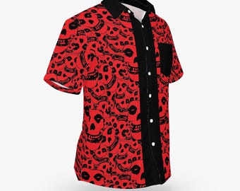 Black & Red Crimson Ghost "Pile of Skulls" Pattern w/Trim Hawaiian Style Button Down Tee