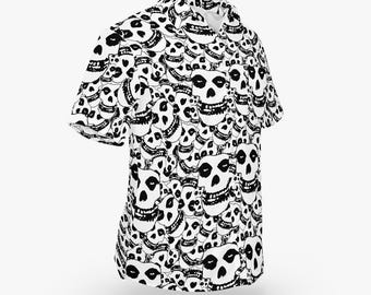 Black & White Crimson Ghost "Pile of Skulls" Pattern Hawaiian Style Button Down Tee