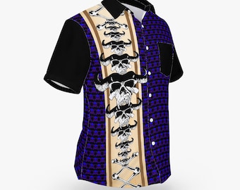 70's Style Blue Bowling Shirt with Danzig Skull Pattern Hawaiian Style Button Down Tee