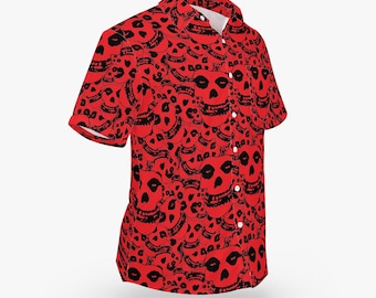 Black & Red Crimson Ghost "Pile of Skulls" Pattern Hawaiian Style Button Down Tee