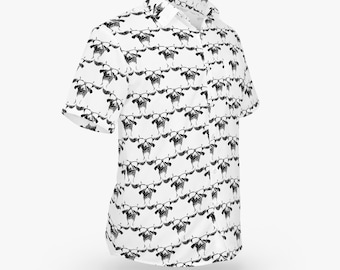 Black Inverted Danzig Skull Pattern on White Hawaiian Style Button Down Tee