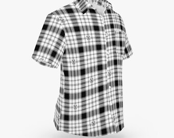 Crimson Ghost Black and White Flannel Pattern Hawaiian Style Button Down Tee