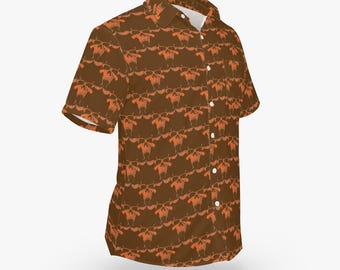 Orange Danzig Skull Pattern on Brown Hawaiian Style Button Down Tee