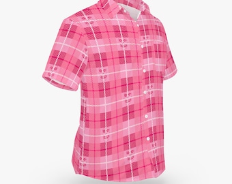 Crimson Ghost Pink Flannel Pattern Hawaiian Style Button Down Tee