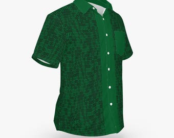 The Matrix Style Binary Code Bowling Shirt Green w Black Text - Hawaiian Button Down Tee