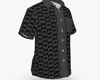 Classic Space Invaders Black & Gray Pattern Hawaiian Button Down Tee