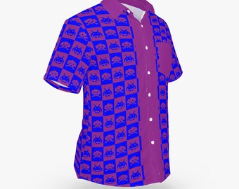 Classic Space Invaders Blue & Purple Pattern Hawaiian Button Down Tee