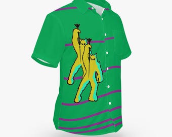 Space Invaders Green Bowling Shirt with Demons Hawaiian Style Button-Down Tee