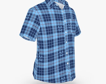 Crimson Ghost Blue Flannel Pattern Hawaiian Style Button Down Tee