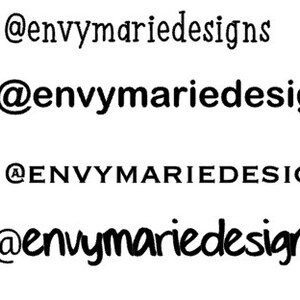May include: White background with black text and social media icons. The image displays a Twitter bird icon, an Instagram camera icon, a Facebook 'f' icon, and a Tumblr 't' icon, each followed by the text '@envymariedesigns'.