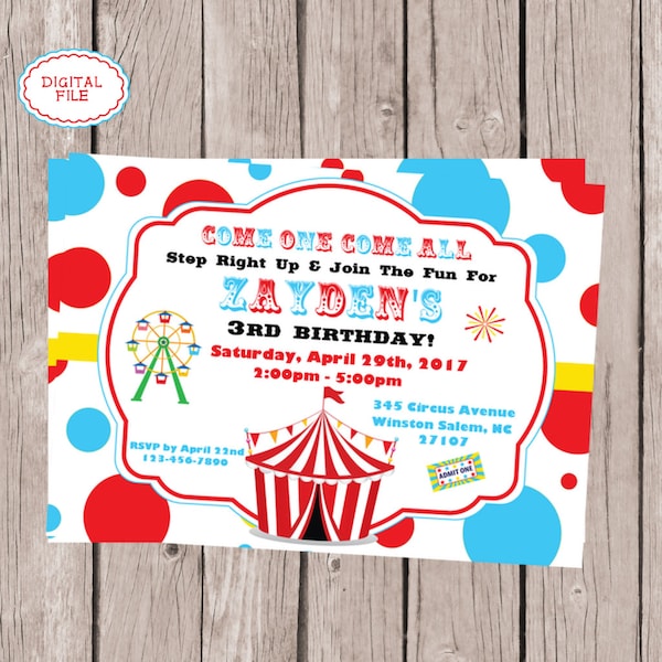 Faire-part cirque - fête d'anniversaire cirque - Faire-part carnaval - fête cirque - Come One Come All - Le plus grand spectacle du monde