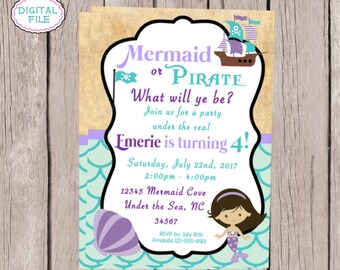 May include: A birthday invitation for a girl's 4th birthday party. The invitation features a mermaid and a pirate ship with the text "Mermaid or Pirate? What will ye be?" and "Emerie is turning 4!" The invitation is decorated with a teal and purple colour scheme.