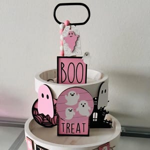 Pink Halloween Tier Tray Decor Set: Spooky Ghost & Pumpkin Signs