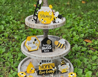 Bee Tiered Tray Decor Set: Farmhouse Honeycomb Table Decorations