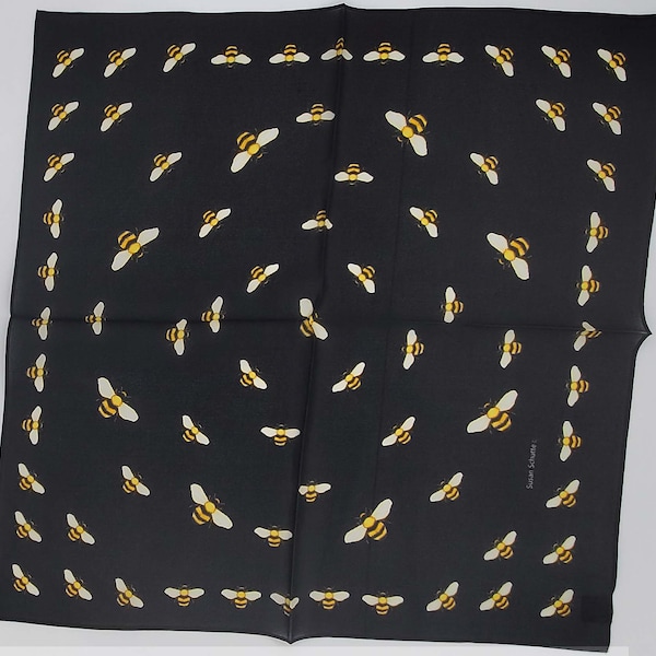 100% Silk Scarf Bees on Black Background