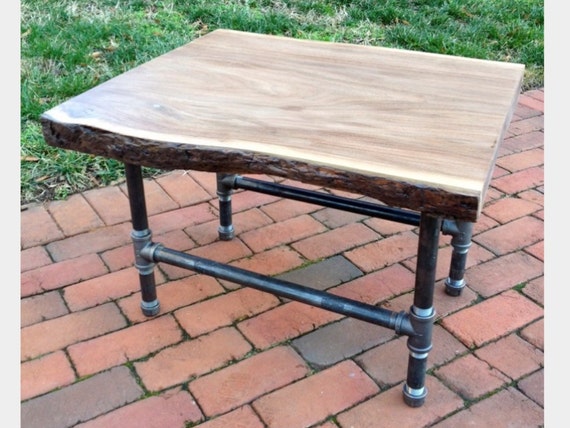 Live Edge Bark Slab Wood Side Or End Table Industrial Black Metal Pipe Legs Natural
