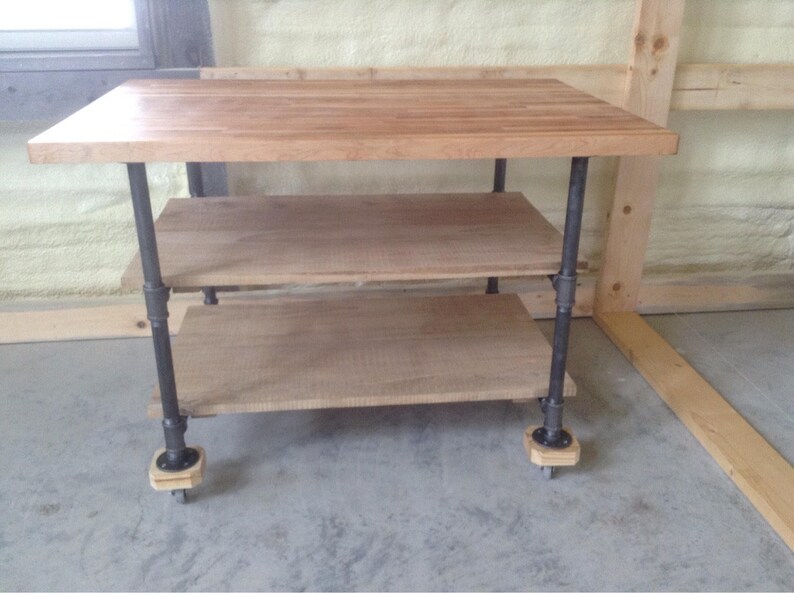 Industrial Black Pipe Leg Rolling Island Butcher Block Top Reclaimed Wood Shelves